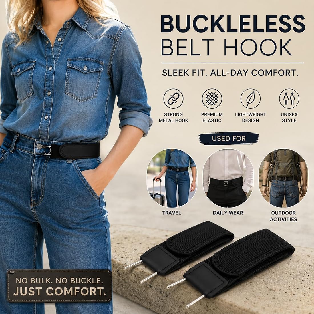 Adjustable Elastic Waist Belt with Metal Hooks